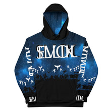 Load image into Gallery viewer, Mens or womens black blue and white hoodie with battle scene live sllik evol hoodie 