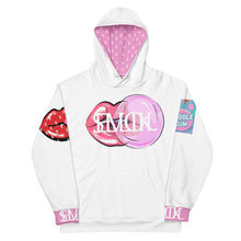 Load image into Gallery viewer, White hoodie for men or women with red lips blowing pink bubble gum with LIVE SLLIK EVOL LOGO