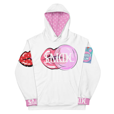 White hoodie for men or women with red lips blowing pink bubble gum with LIVE SLLIK EVOL LOGO